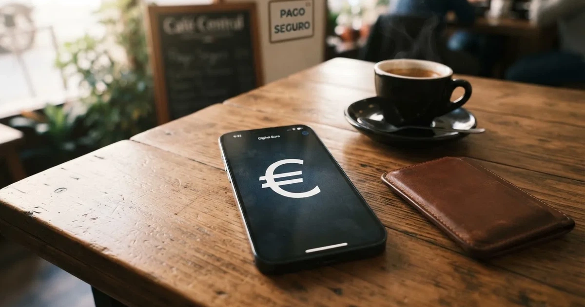 Un móvil sobre una mesa de madera junto a una cartera y una taza de café