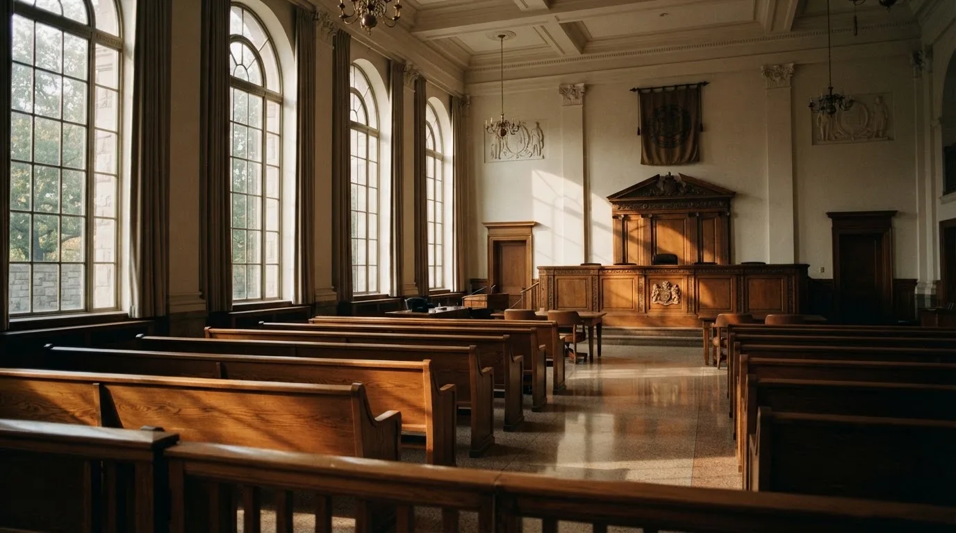 Una sala de tribunal vacía con bancos de madera a la luz de la mañana