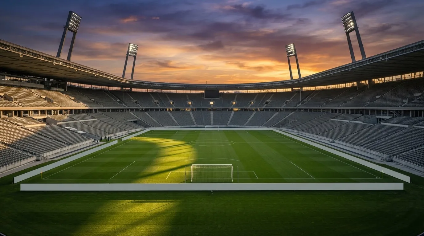 Un estadio de fútbol vacío con torres de iluminación al atardecer