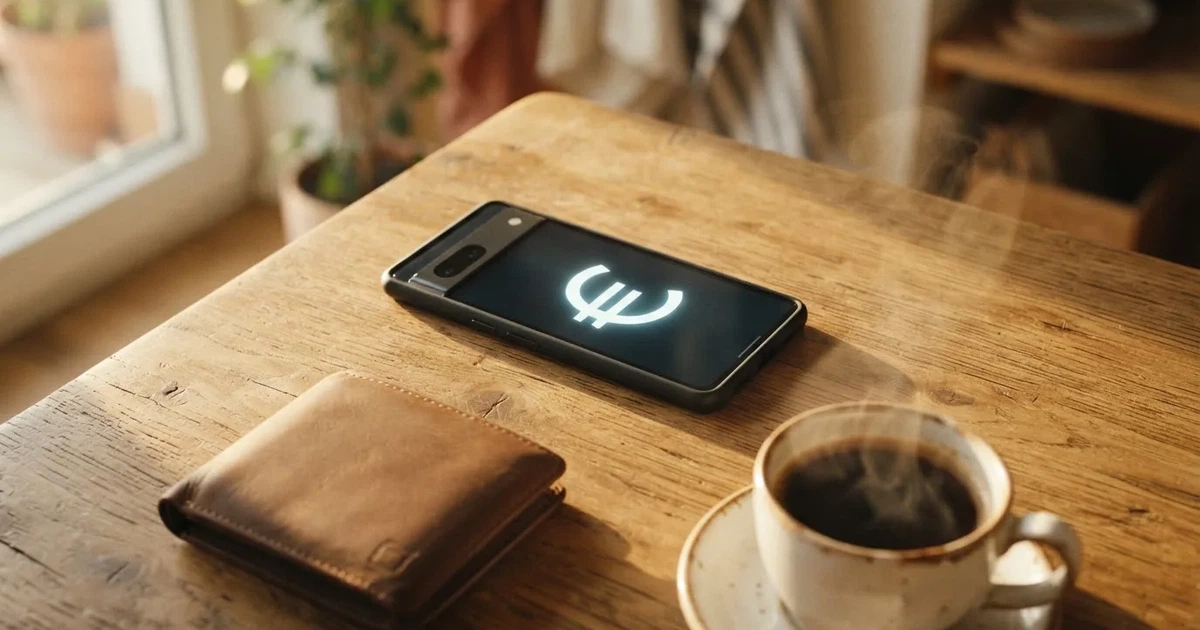 Un móvil sobre una mesa de madera junto a una cartera y una taza de café