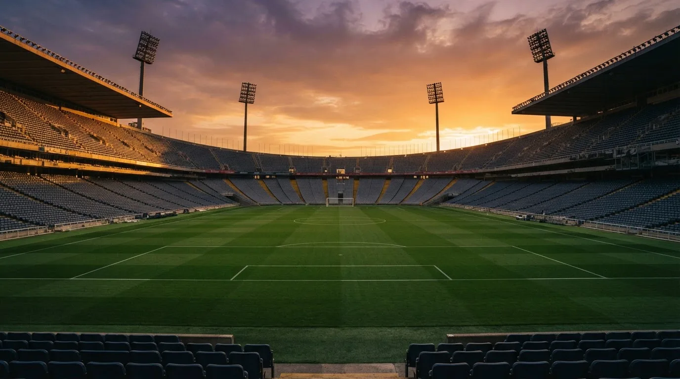 Un estadio de fútbol vacío con torres de iluminación al atardecer