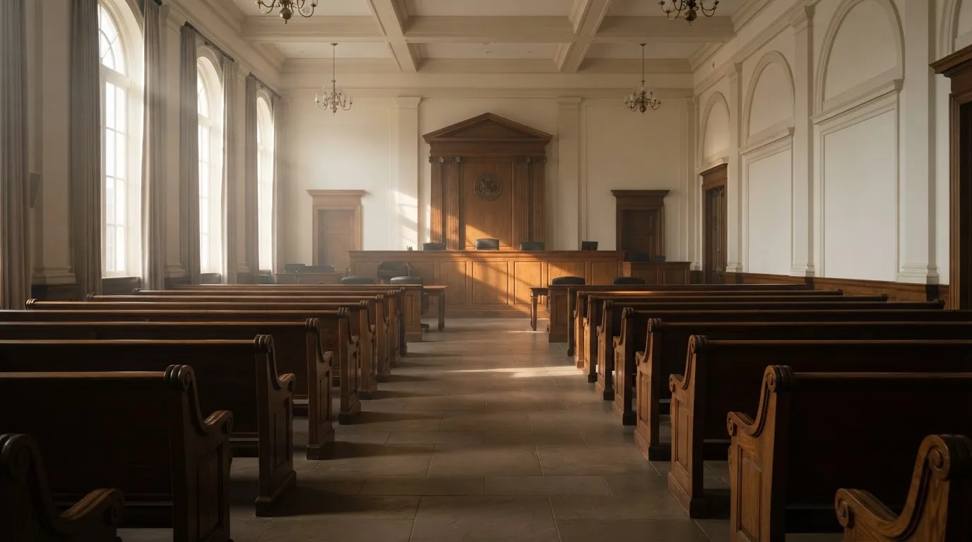 Una sala de tribunal vacía con bancos de madera a la luz de la mañana