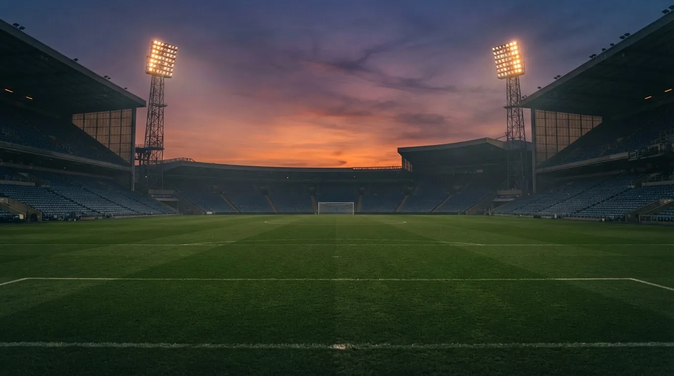 Un estadio de fútbol vacío con torres de iluminación al atardecer