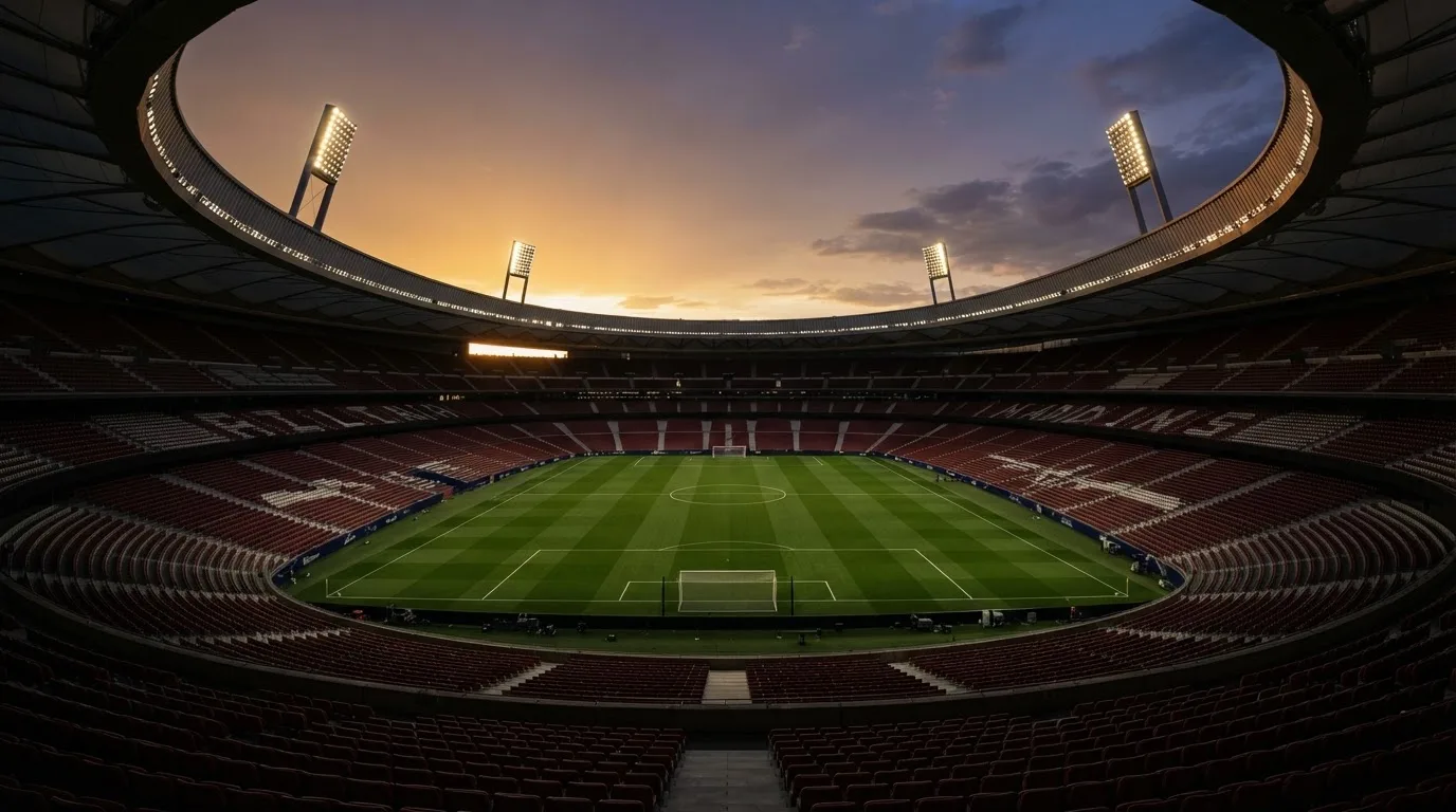 Un estadio de fútbol vacío con torres de iluminación al atardecer