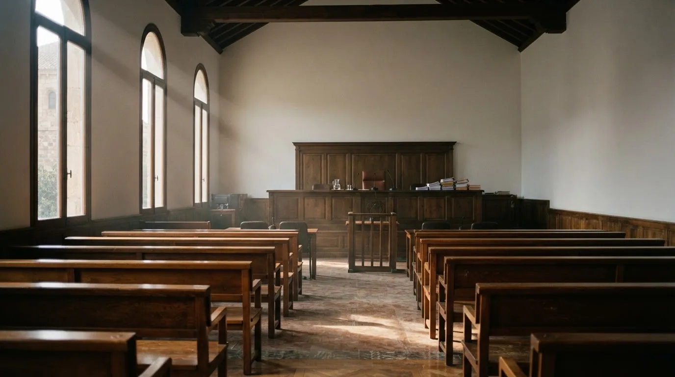 Una sala de tribunal vacía con bancos de madera a la luz de la mañana