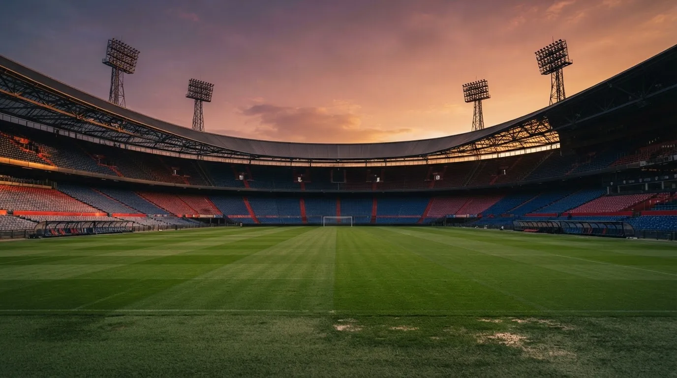 Un estadio de fútbol vacío con torres de iluminación al atardecer