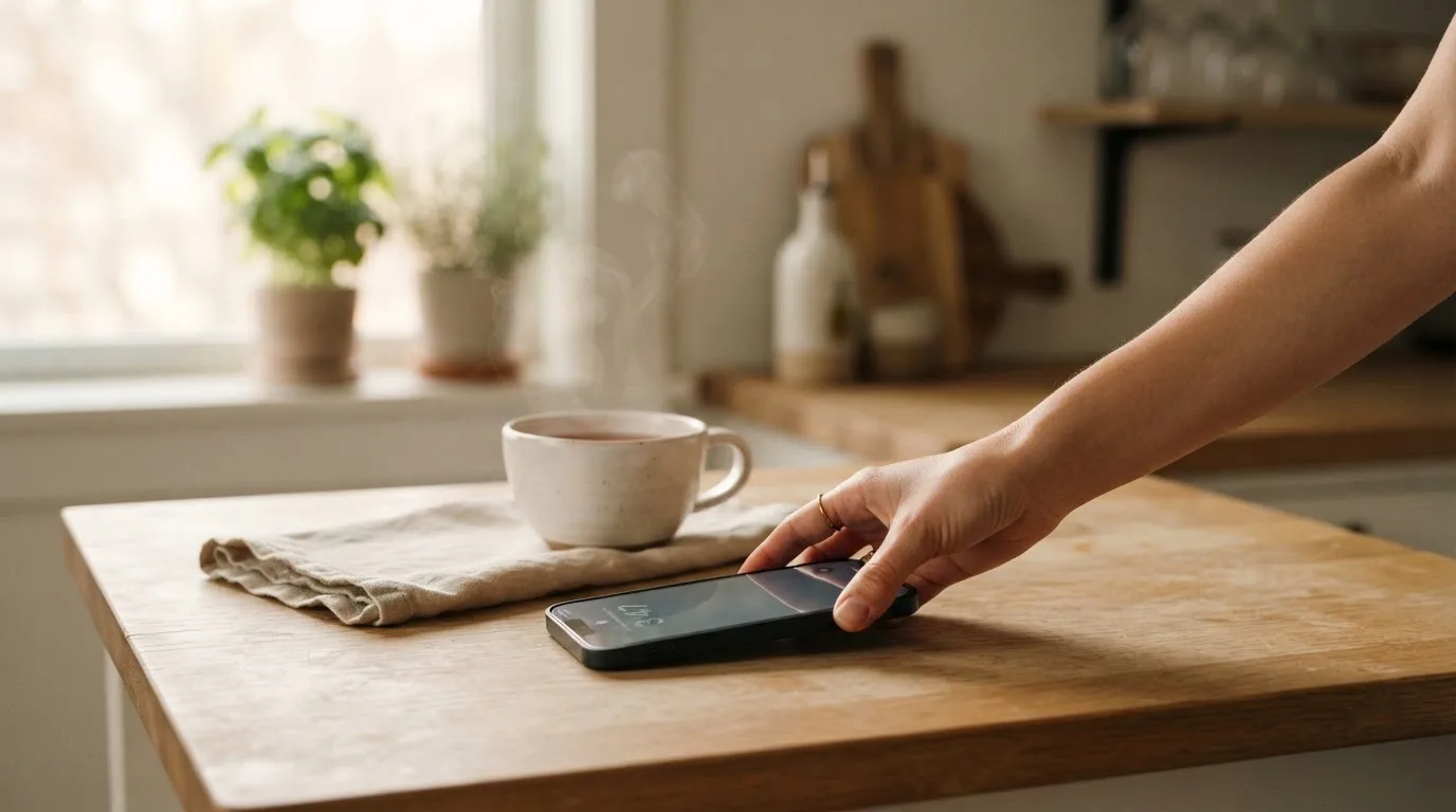 Una mano deja un móvil junto a una taza de té sobre la mesa de la cocina, una tarde tranquila