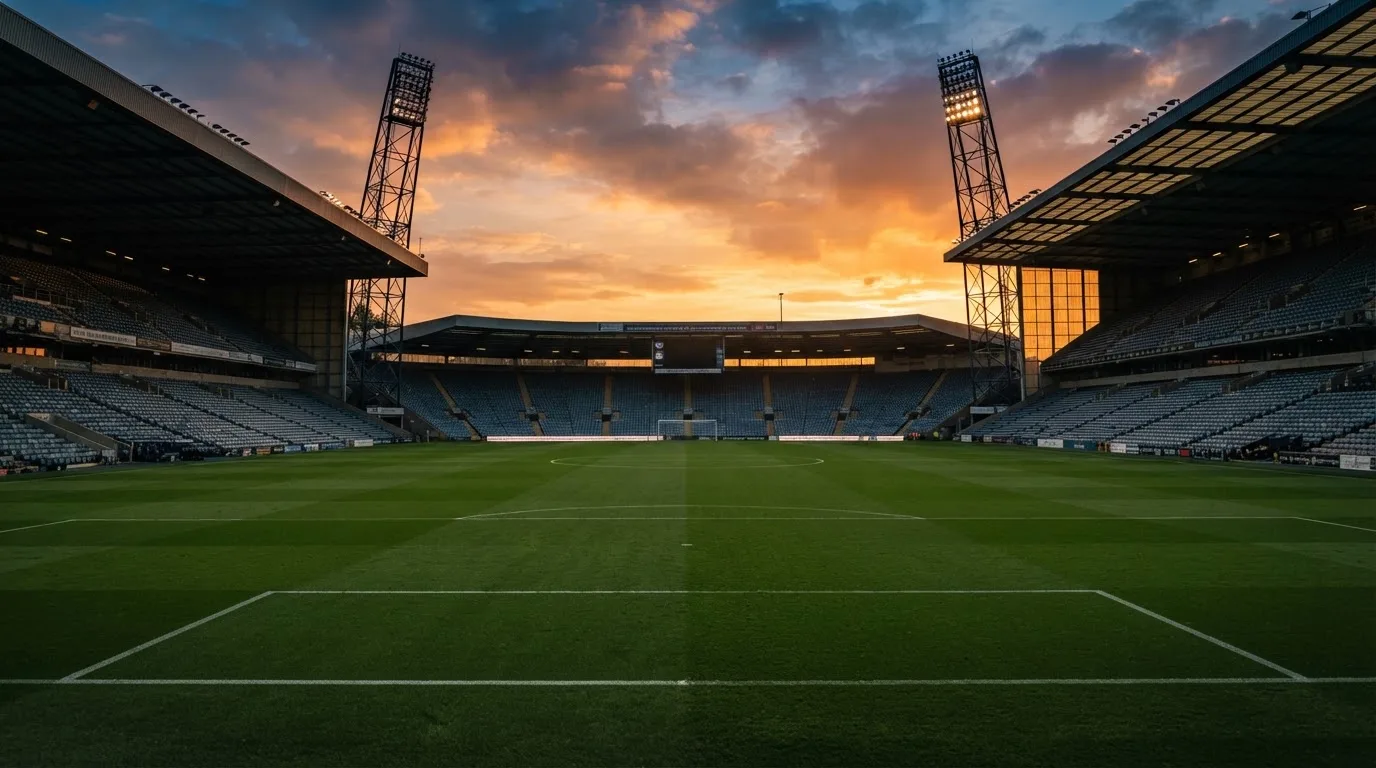 Un estadio de fútbol vacío con torres de iluminación al atardecer