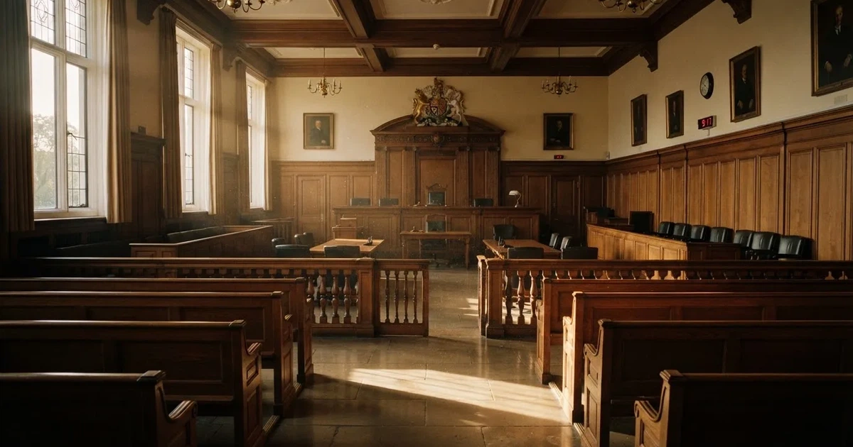 Una sala de tribunal vacía con bancos de madera a la luz de la mañana