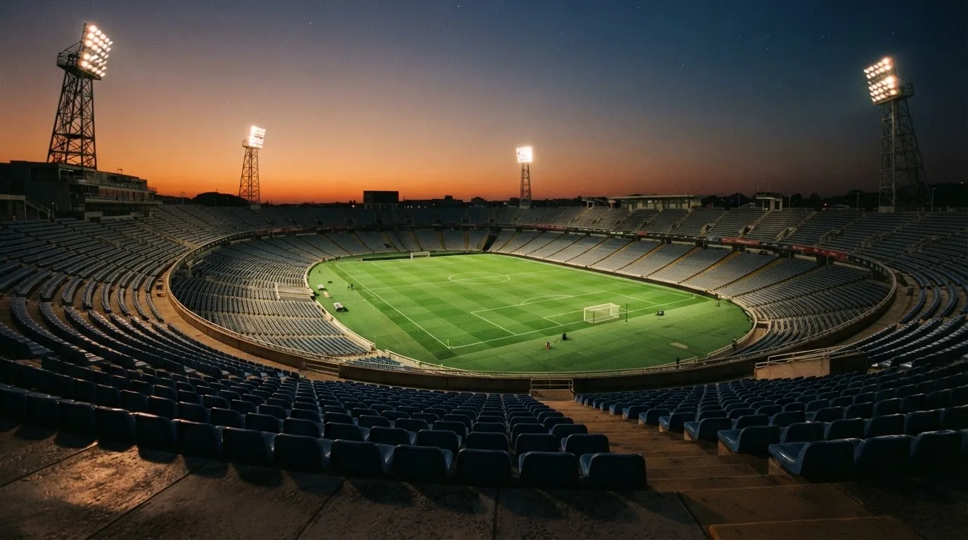 Un estadio de fútbol vacío con torres de iluminación al atardecer