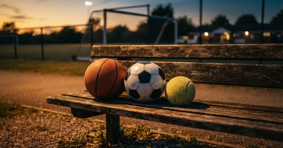 Tres balones de distintos tipos, uno junto a otro, sobre un banco de madera