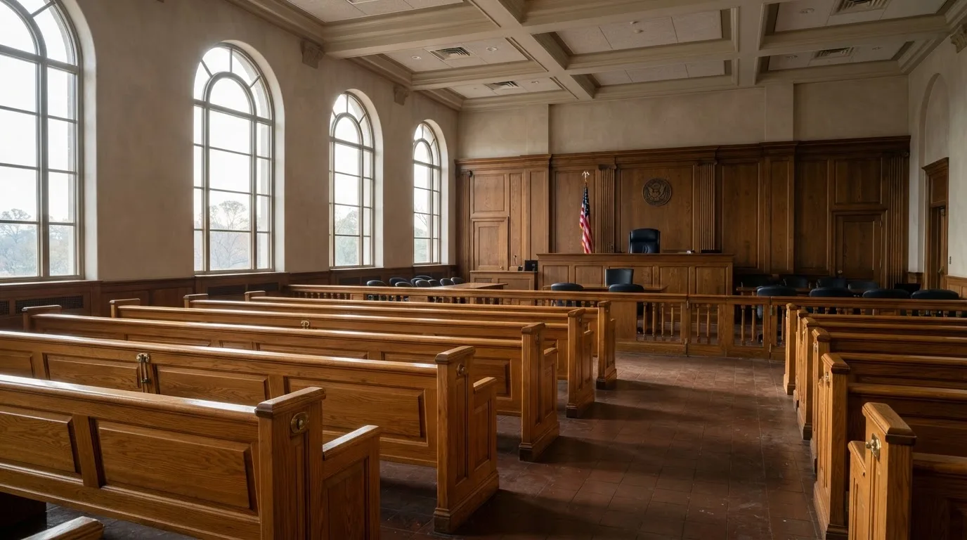 Una sala de tribunal vacía con bancos de madera a la luz de la mañana