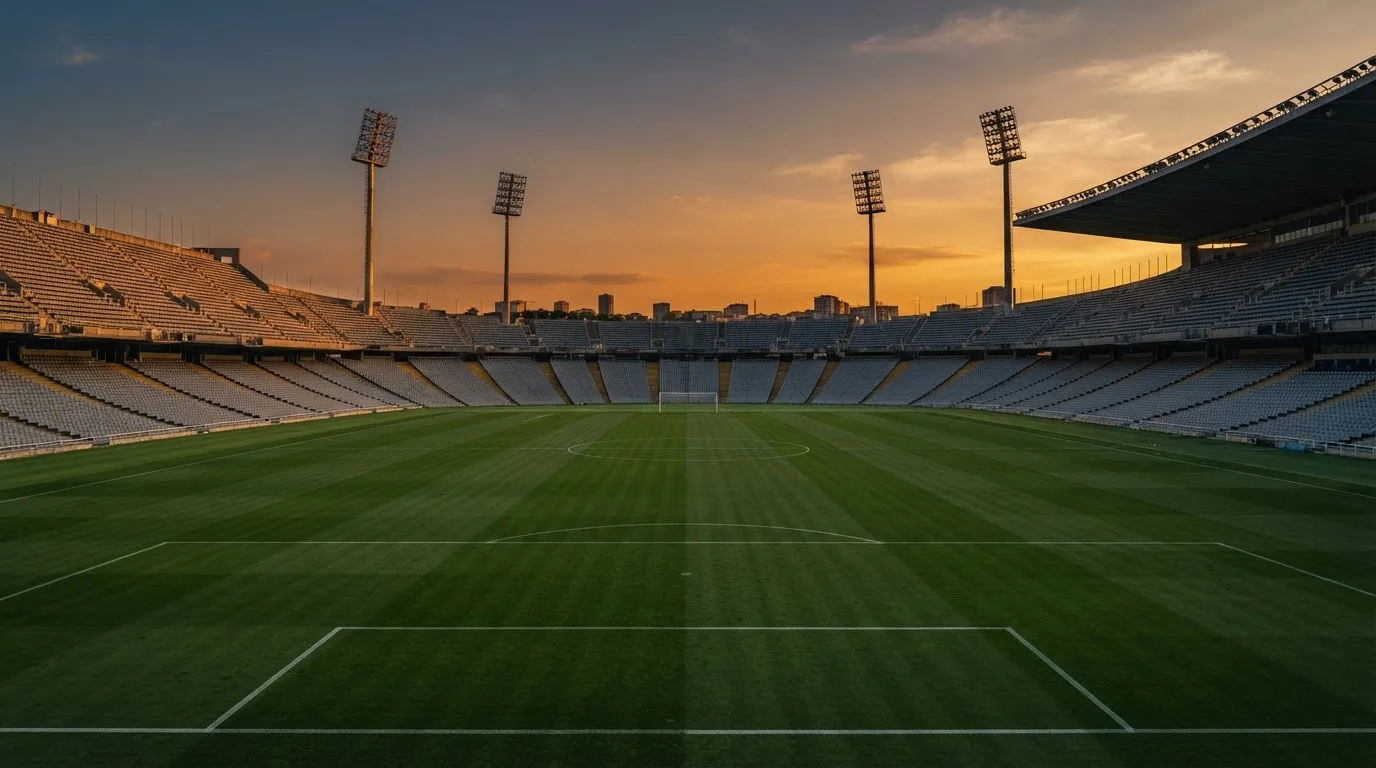 Un estadio de fútbol vacío con torres de iluminación al atardecer