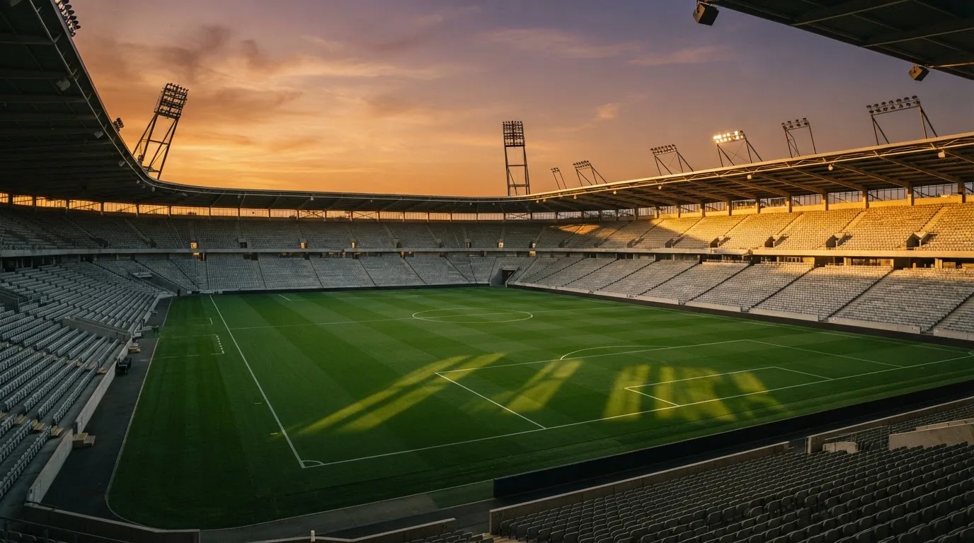 Un estadio de fútbol vacío con torres de iluminación al atardecer