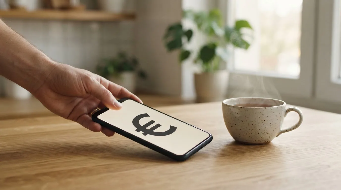 Una mano deja un móvil junto a una taza de té sobre la mesa de la cocina, una tarde tranquila