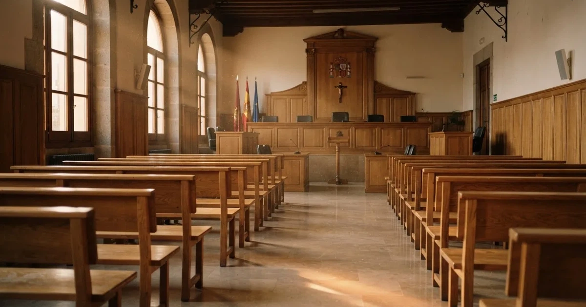 Una sala de tribunal vacía con bancos de madera a la luz de la mañana