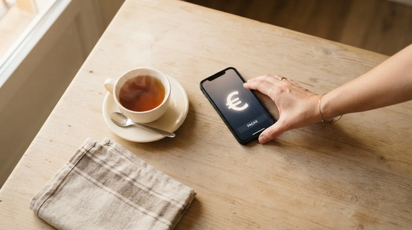 Una mano deja un móvil junto a una taza de té sobre la mesa de la cocina, una tarde tranquila