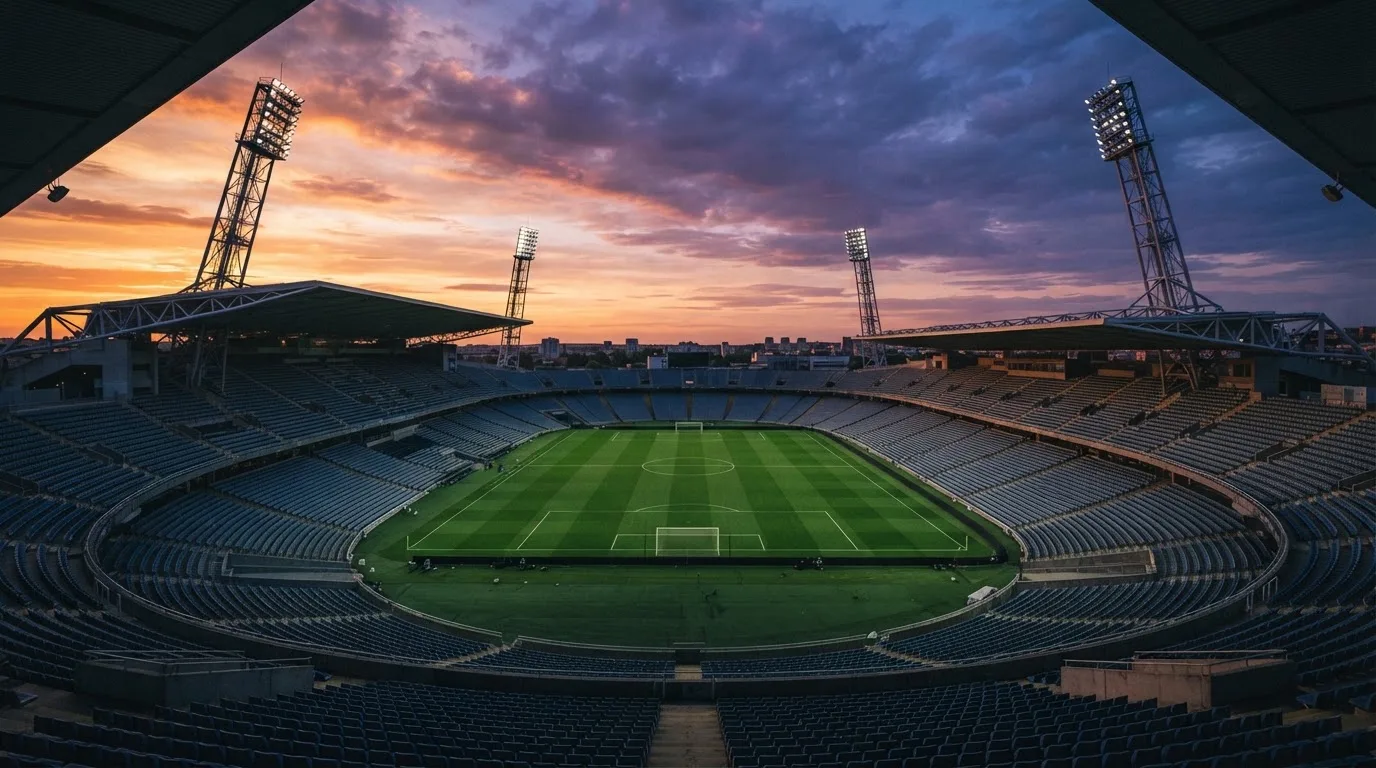 Un estadio de fútbol vacío con torres de iluminación al atardecer