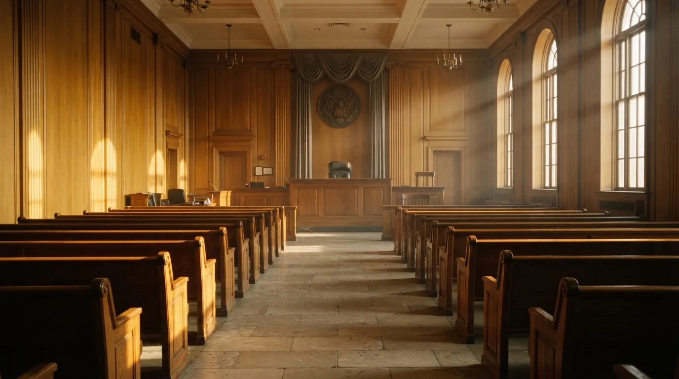 Una sala de tribunal vacía con bancos de madera a la luz de la mañana