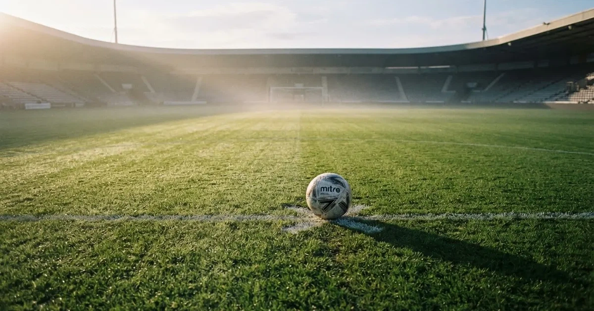 Un balón en el punto central de un campo de césped a la luz de la mañana
