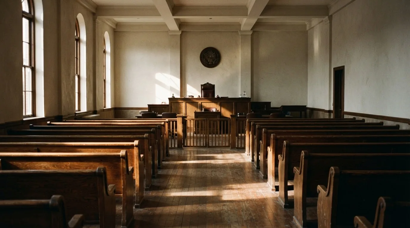 Una sala de tribunal vacía con bancos de madera a la luz de la mañana