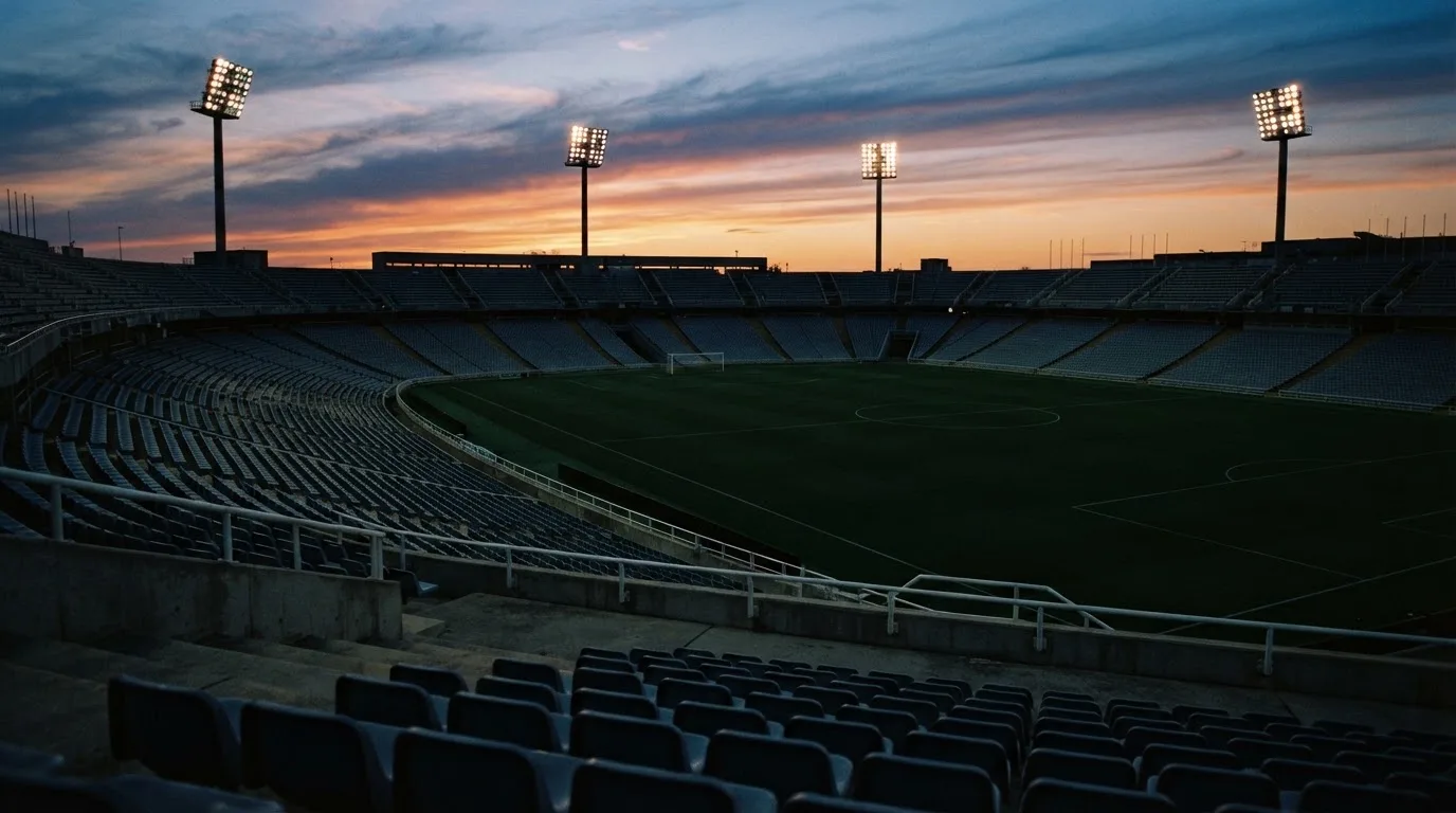 Un estadio de fútbol vacío con torres de iluminación al atardecer
