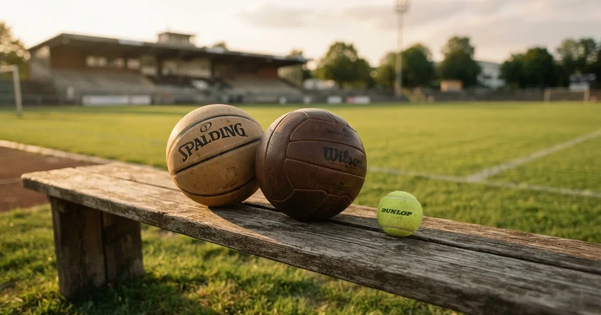 Tres balones de distintos tipos, uno junto a otro, sobre un banco de madera
