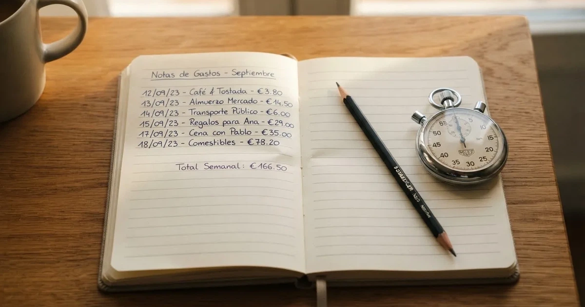 Un cuaderno abierto con un lápiz y un cronómetro sobre una mesa de madera