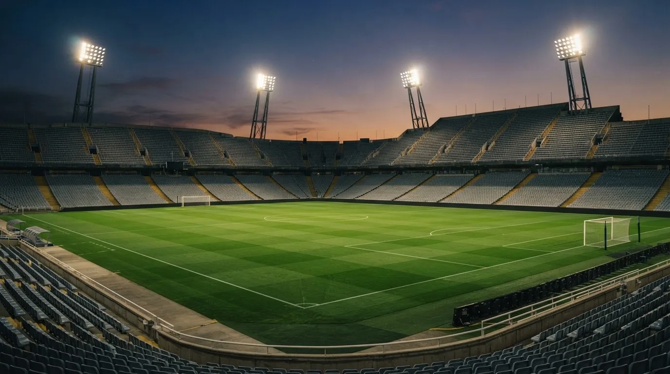 Un estadio de fútbol vacío con torres de iluminación al atardecer