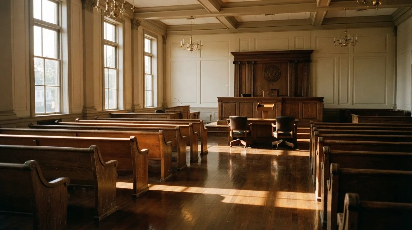 Una sala de tribunal vacía con bancos de madera a la luz de la mañana
