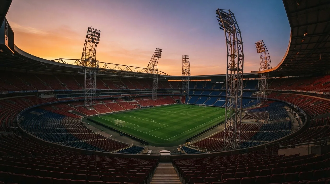 Un estadio de fútbol vacío con torres de iluminación al atardecer