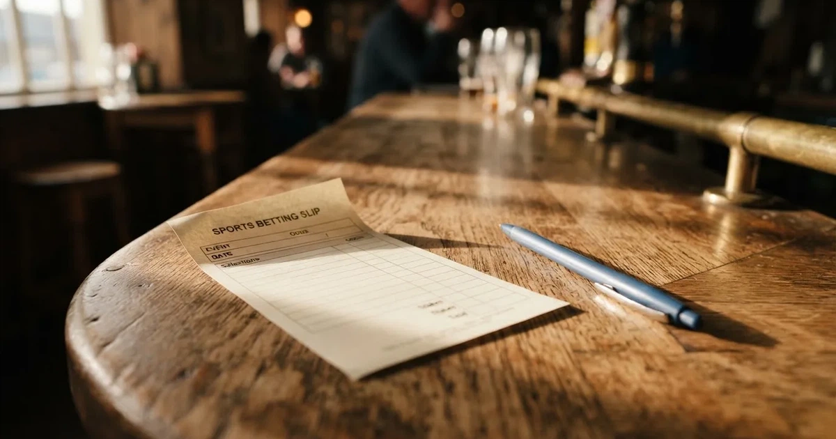 Un boleto de papel en blanco junto a un bolígrafo sobre un mostrador de madera