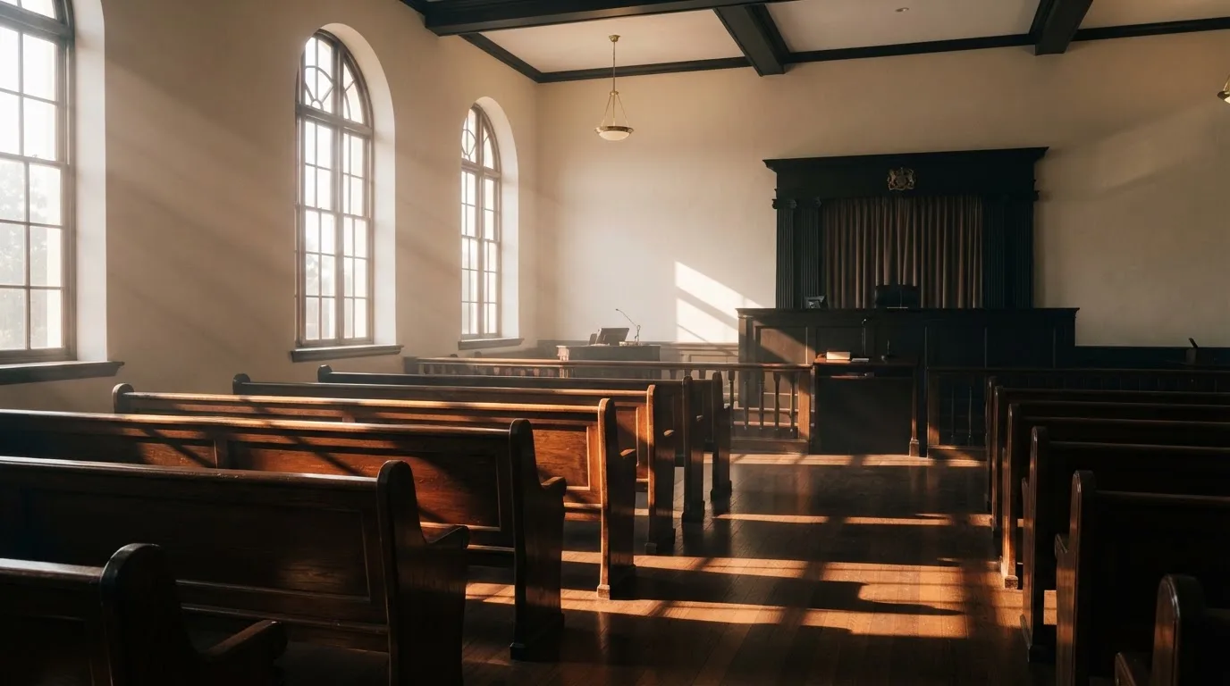 Una sala de tribunal vacía con bancos de madera a la luz de la mañana