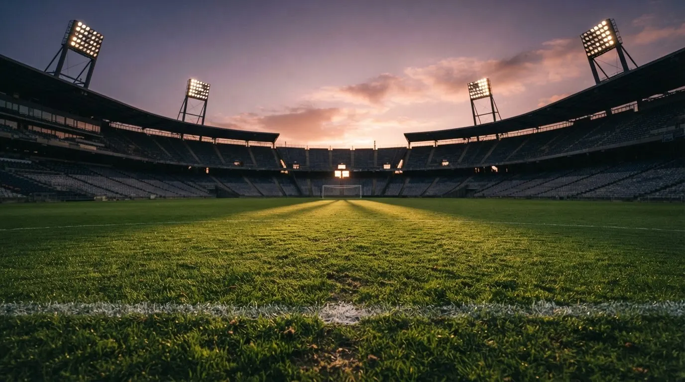 Un estadio de fútbol vacío con torres de iluminación al atardecer