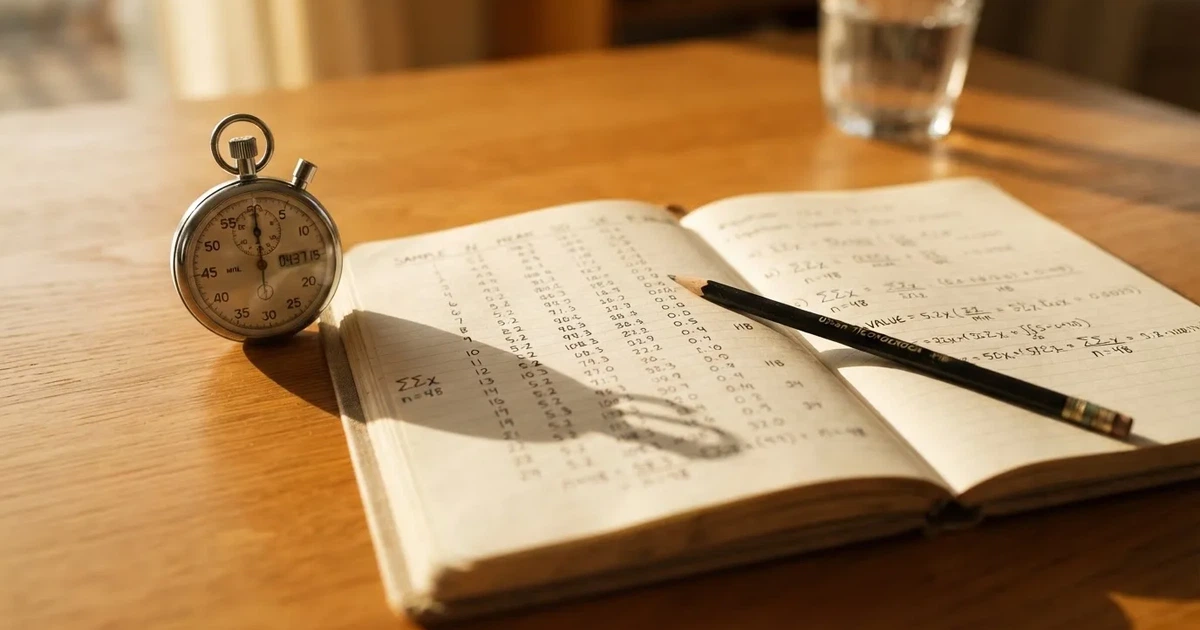 Un cuaderno abierto con un lápiz y un cronómetro sobre una mesa de madera