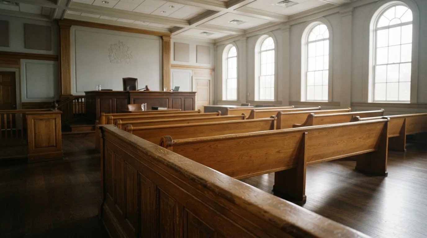 Una sala de tribunal vacía con bancos de madera a la luz de la mañana