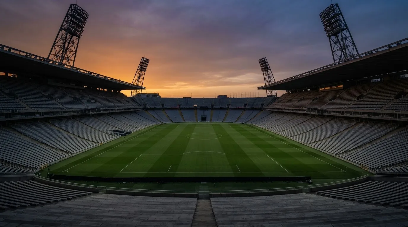 Un estadio de fútbol vacío con torres de iluminación al atardecer