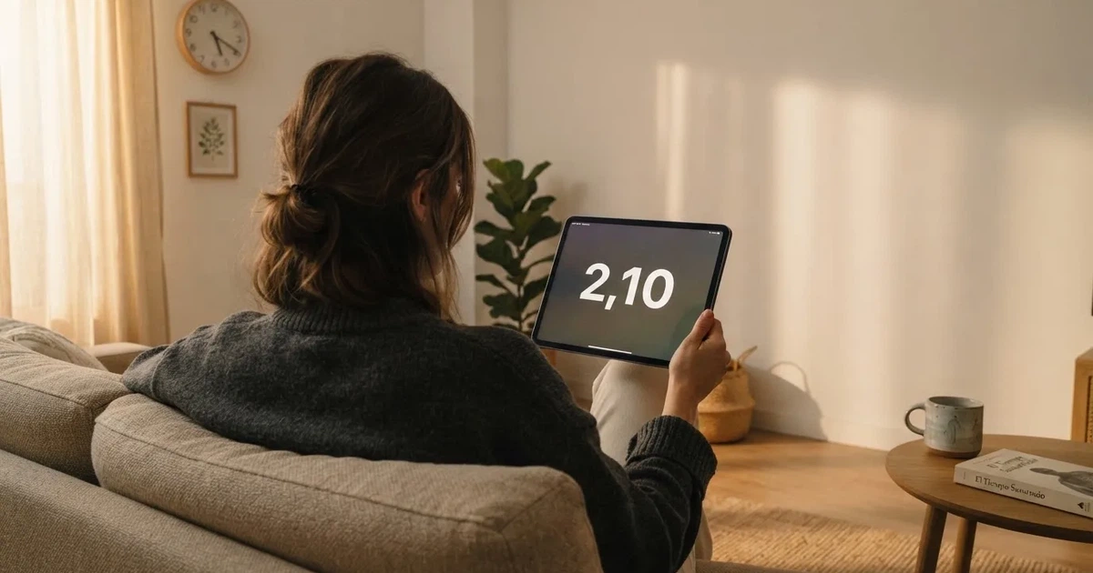 Una persona en el sofá mira pensativa una tableta, con un reloj de pared al fondo