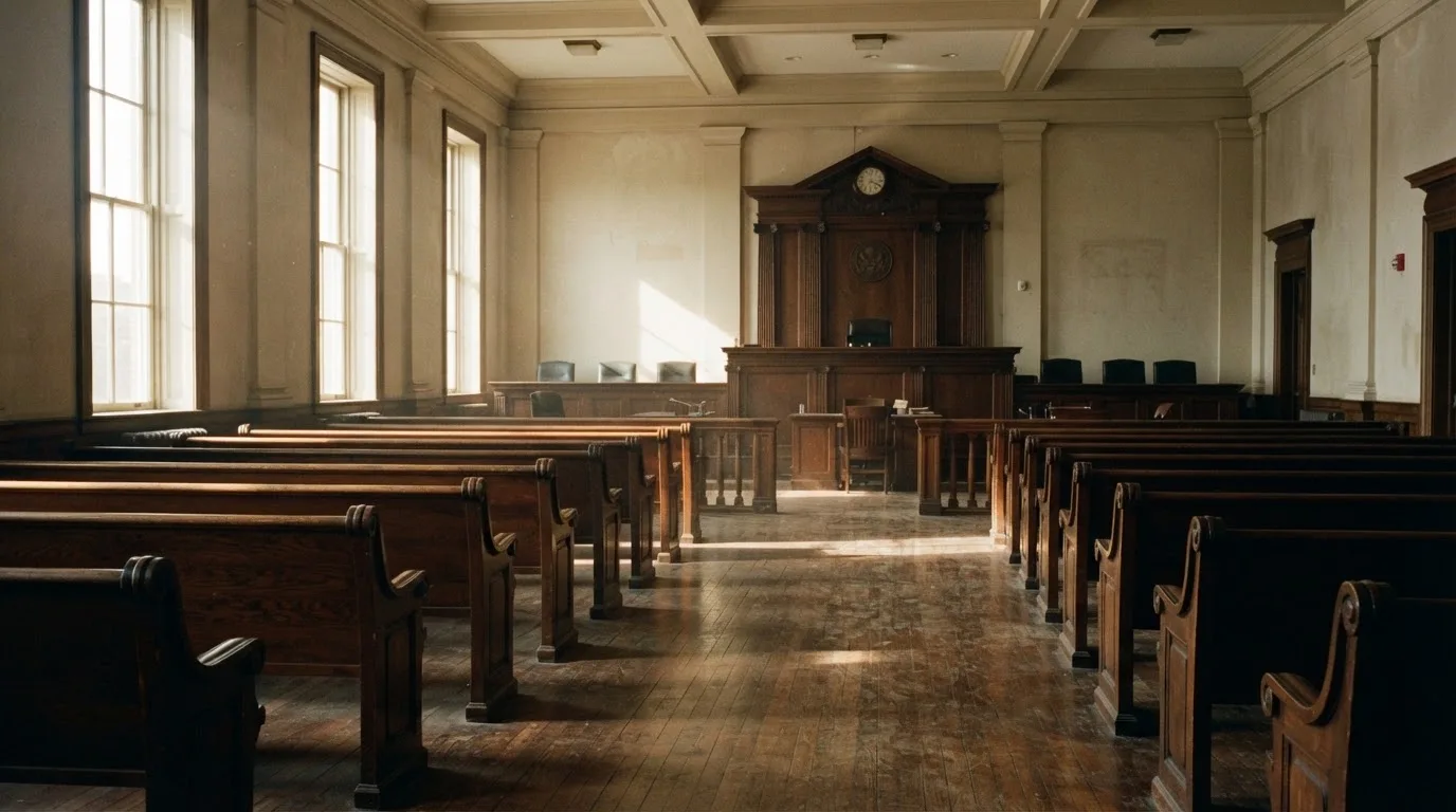 Una sala de tribunal vacía con bancos de madera a la luz de la mañana