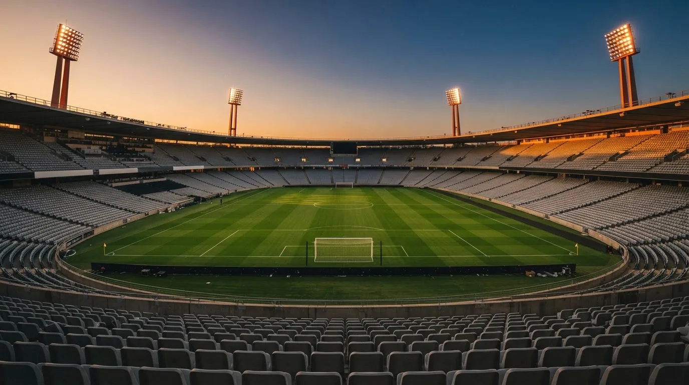 Un estadio de fútbol vacío con torres de iluminación al atardecer