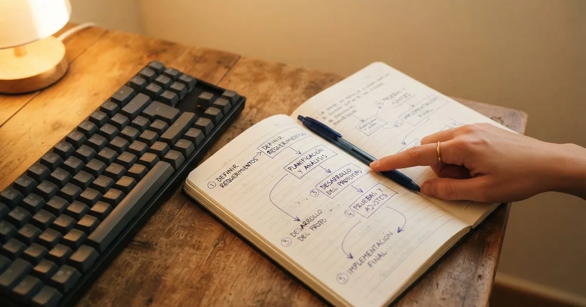 Un bloc de notas con un esquema dibujado a mano paso a paso junto a un teclado