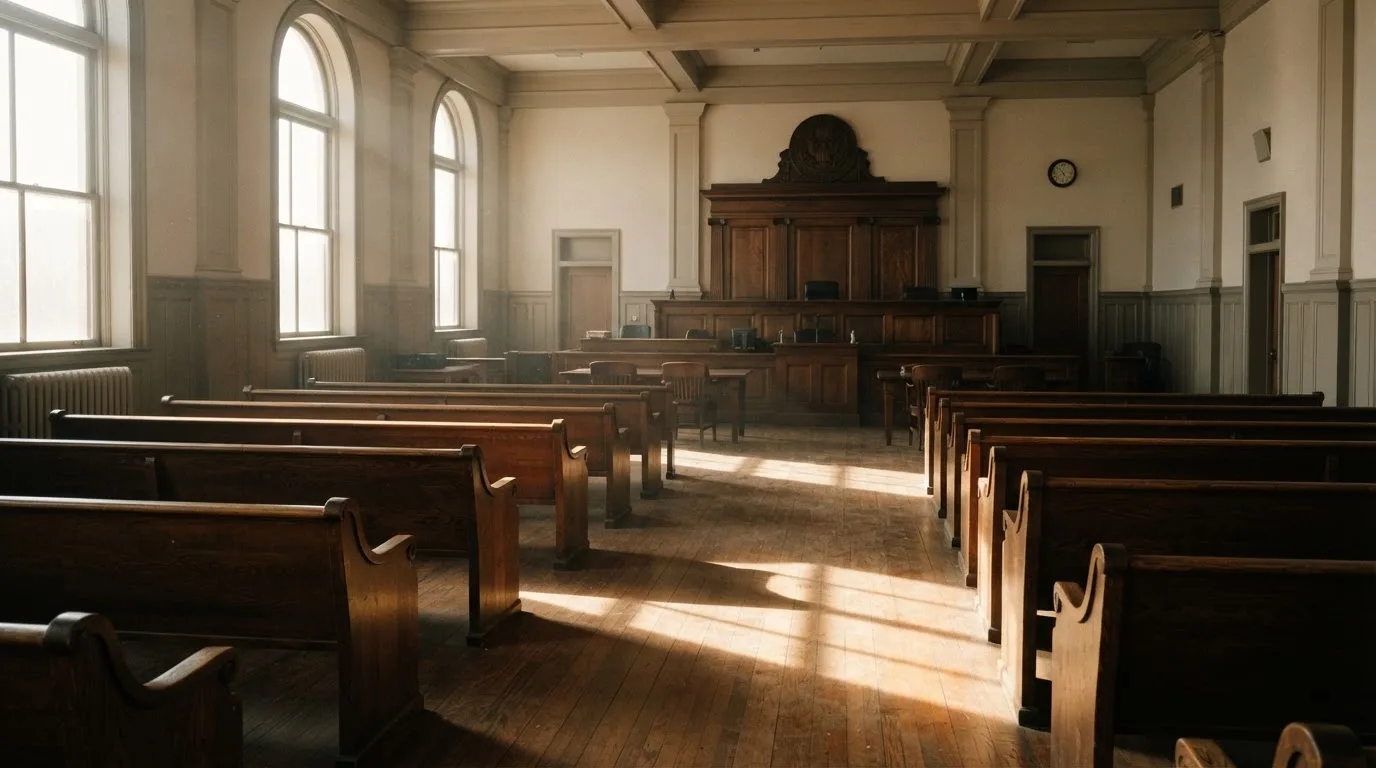 Una sala de tribunal vacía con bancos de madera a la luz de la mañana