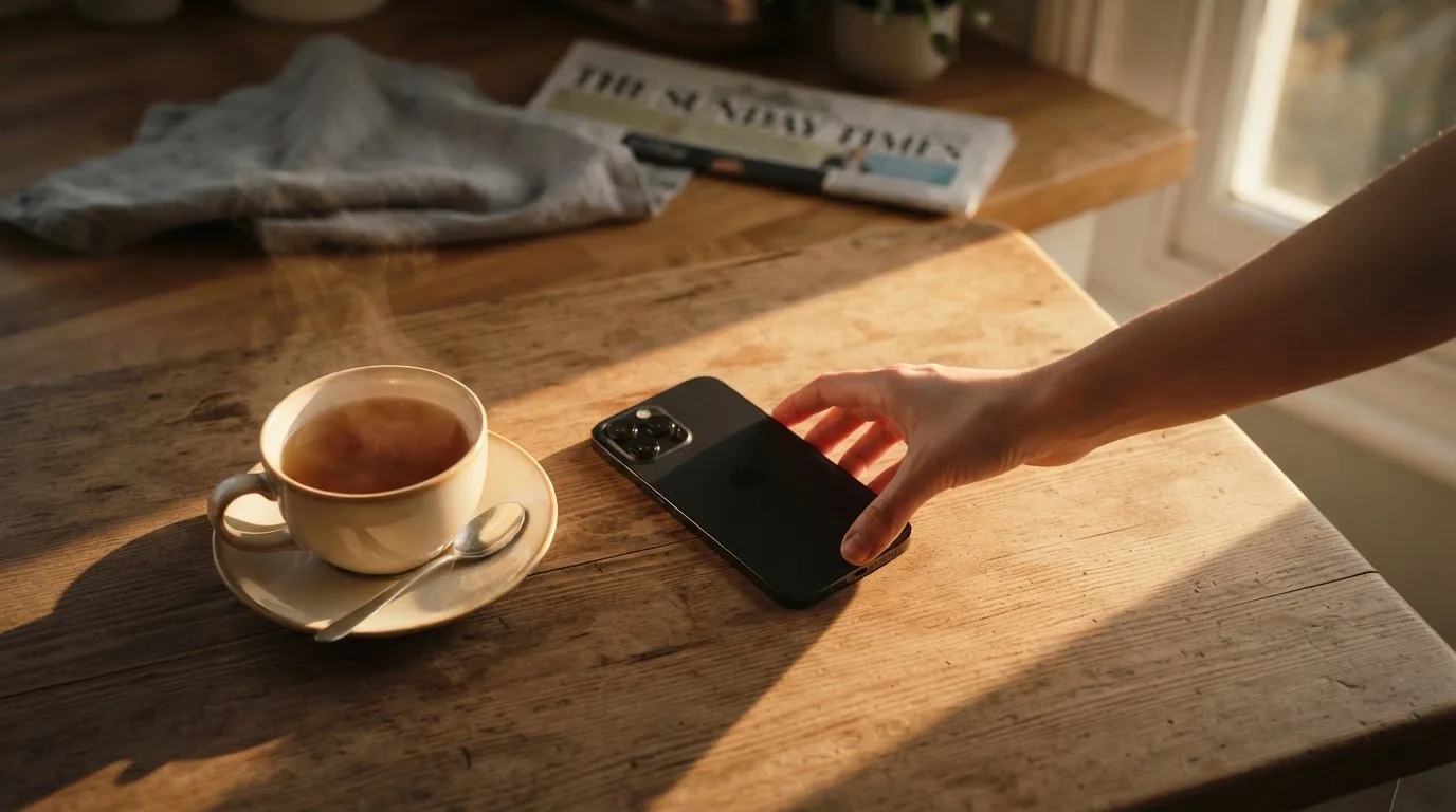 Una mano deja un móvil junto a una taza de té sobre la mesa de la cocina, una tarde tranquila