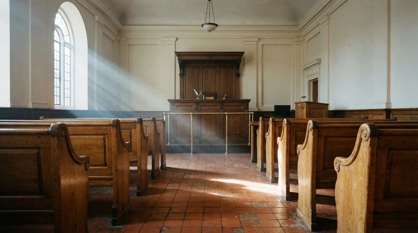 Una sala de tribunal vacía con bancos de madera a la luz de la mañana