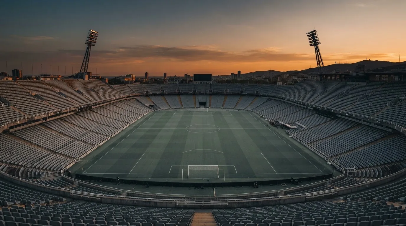 Un estadio de fútbol vacío con torres de iluminación al atardecer