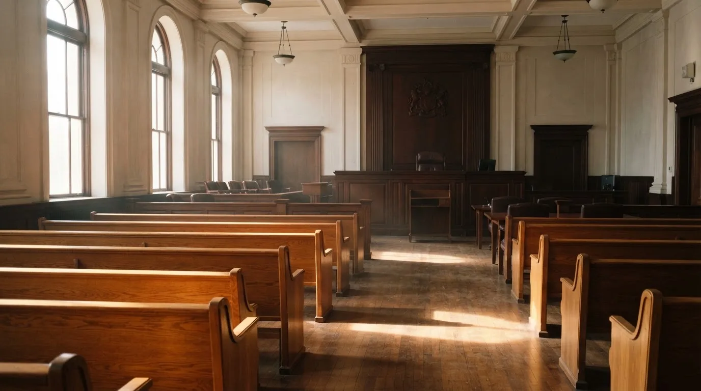 Una sala de tribunal vacía con bancos de madera a la luz de la mañana