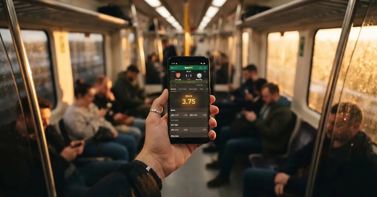 Una mano sostiene un móvil en el tren por la tarde, con la pantalla girada