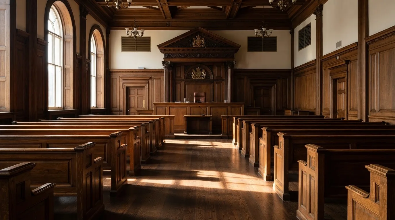 Una sala de tribunal vacía con bancos de madera a la luz de la mañana