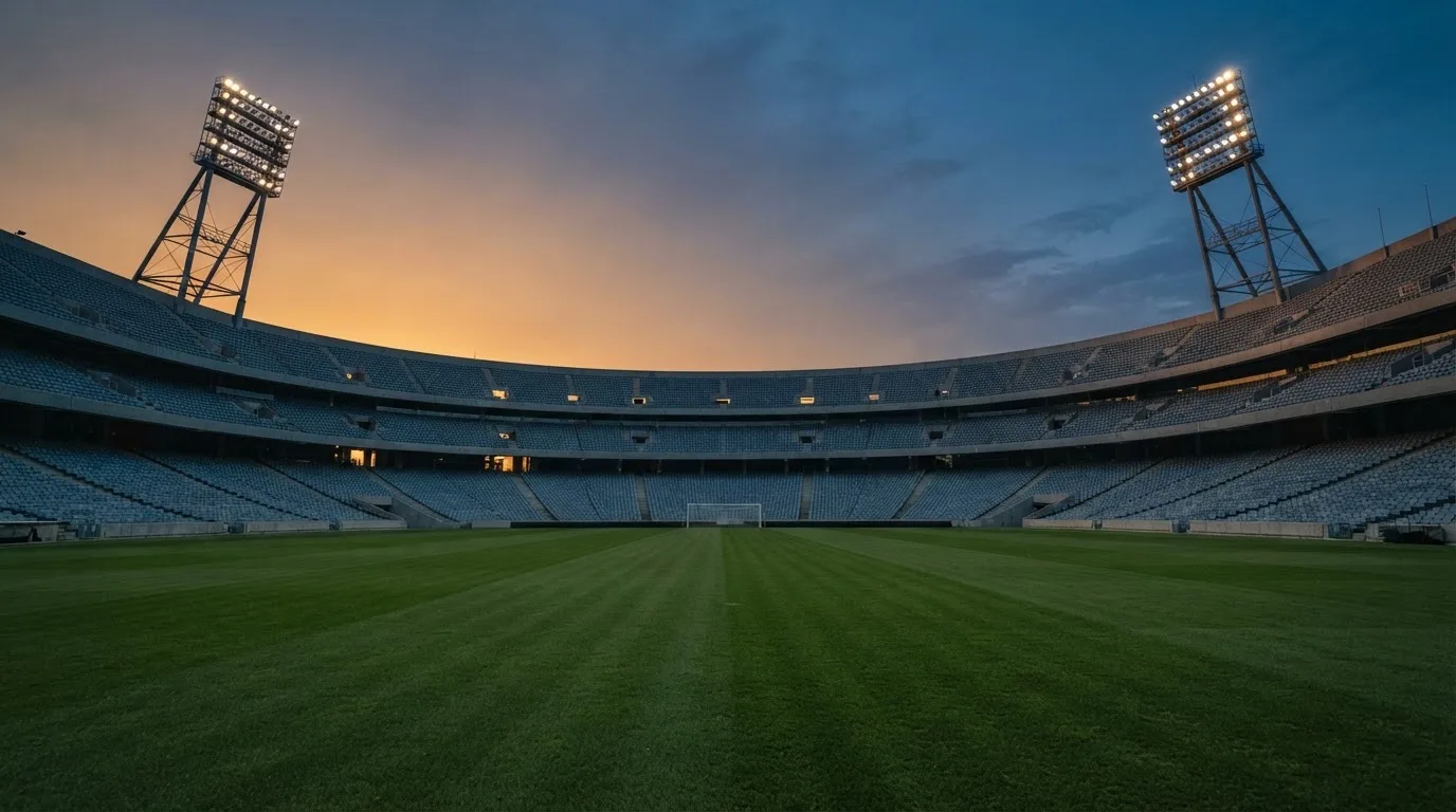 Un estadio de fútbol vacío con torres de iluminación al atardecer