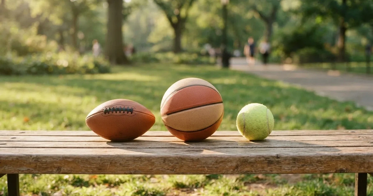 Tres balones de distintos tipos, uno junto a otro, sobre un banco de madera